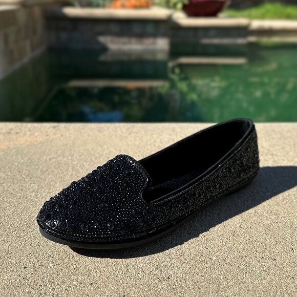 New Black Rhinestone Crystal Pavé Loafers Ballet Flat Ballerina Shoes Round Toe - Picture 3 of 6